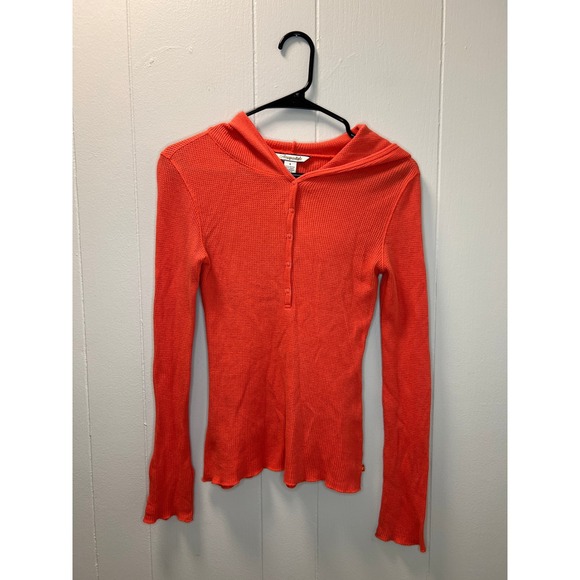 Aeropostale Y2K Waffle‎ Knit Hoodie Button Up Long Sleeve Top Coral Red Size S - Picture 1 of 5